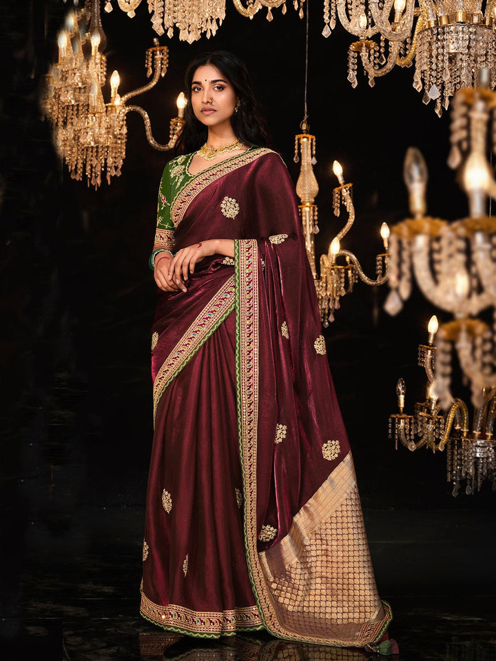 Maroon Embroidered Saree With Mehendi Green Blouse For Party Wear - VJV Now