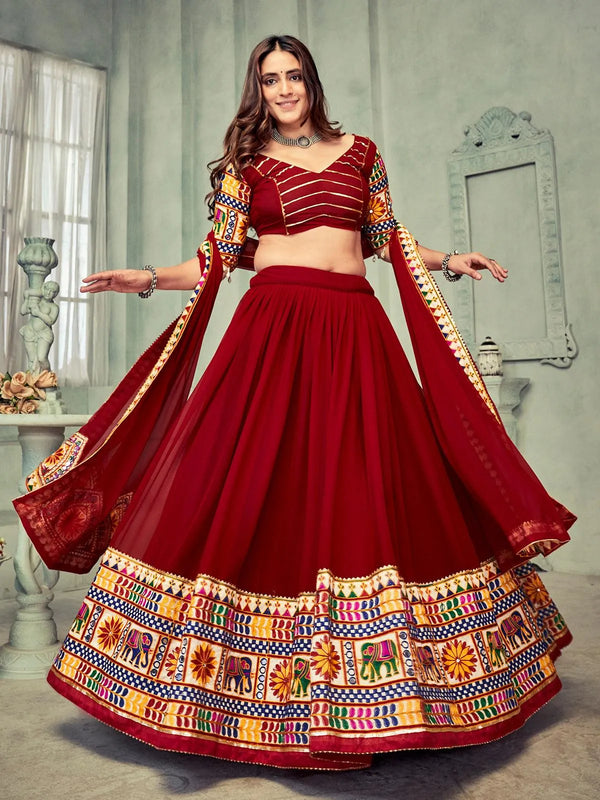 Maroon Georgette Lehenga Choli with Embroidery for Navratri Celebrations - VJV Now