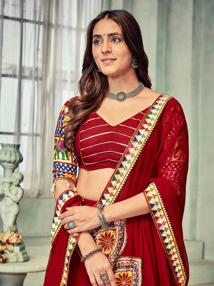 Maroon Georgette Lehenga Choli with Embroidery for Navratri Celebrations - VJV Now