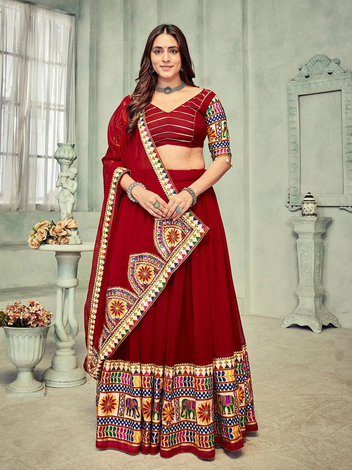 Maroon Georgette Lehenga Choli with Embroidery for Navratri Celebrations - VJV Now