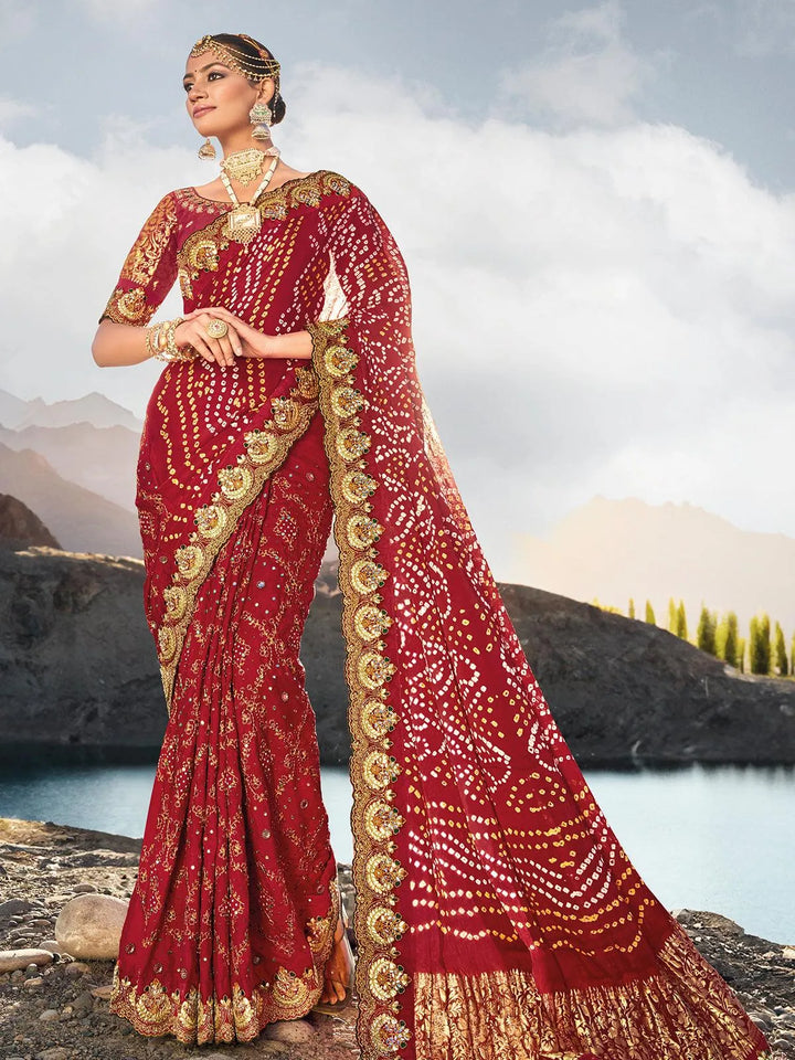 Maroon Pure Gajji Mirror And Cut Dana Work saree - VJV Now