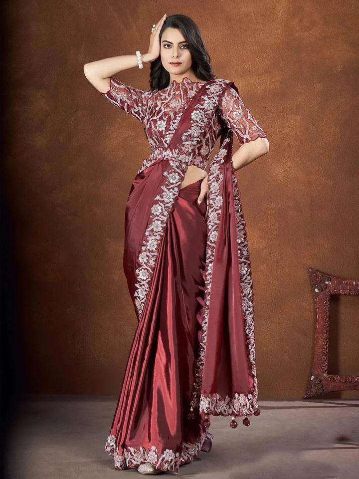 Maroon Sequin Satin Silk Embroidered Ready To Wear Saree - VJV Now