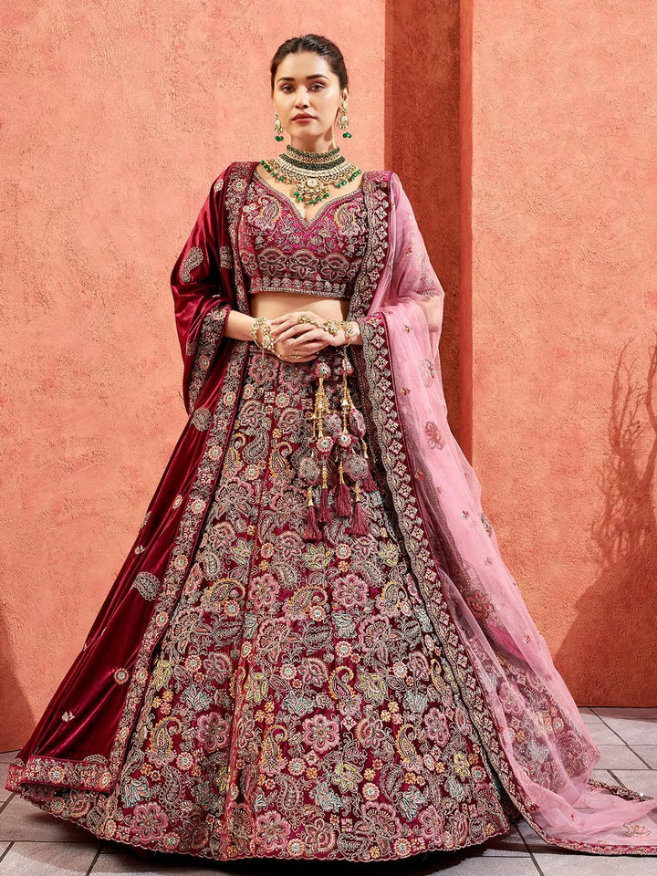 Maroon Velvet Heavy Hand Work Umbrella Lehenga Choli With Double Dupatta Wedding Wear - VJV Now