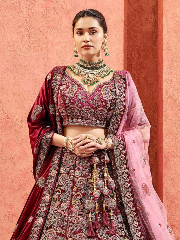 Maroon Velvet Heavy Hand Work Umbrella Lehenga Choli With Double Dupatta Wedding Wear - VJV Now