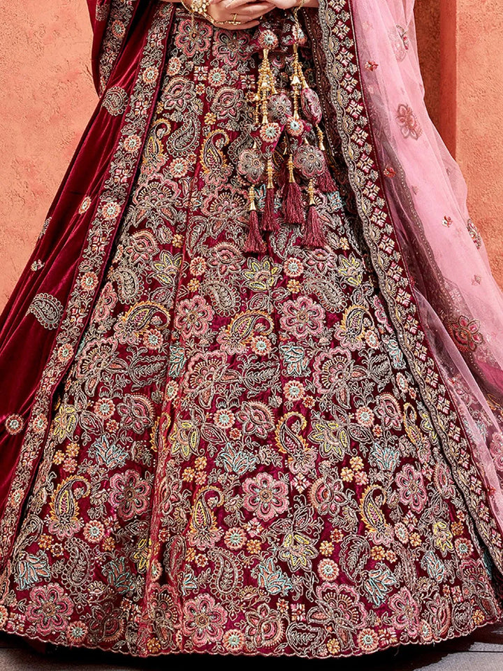 Maroon Velvet Heavy Hand Work Umbrella Lehenga Choli With Double Dupatta Wedding Wear - VJV Now