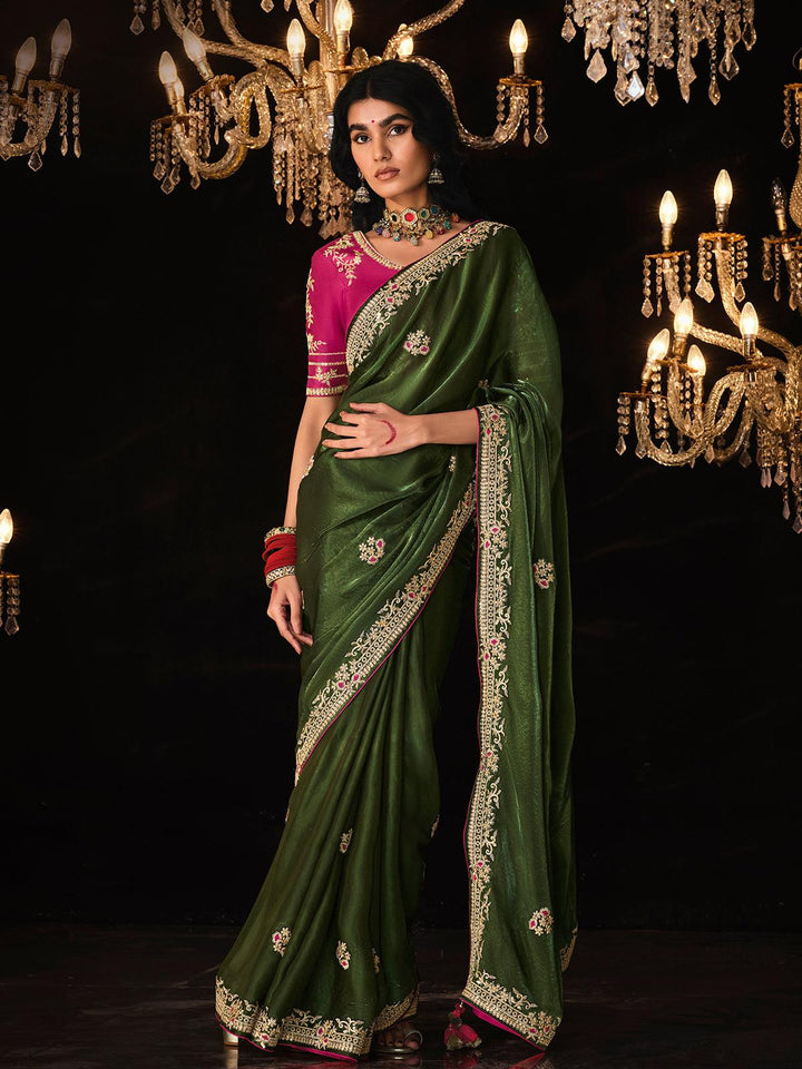 Mehendi Green Sequin Saree and Vibrant Rani Blouse for weeding party wear - VJV Now