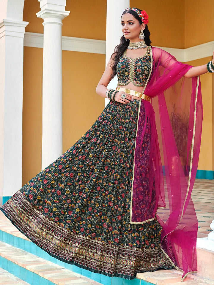 Mehndi Color Digital Printed Sequence Work With Embroidered Work Lehenga Choli - VJV Now