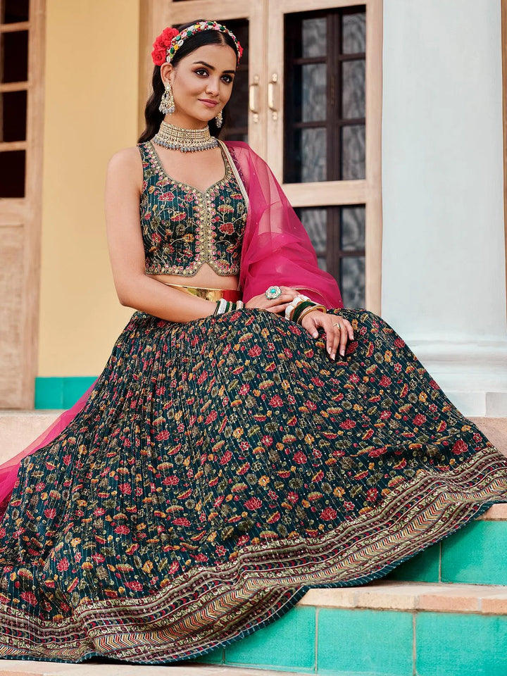 Mehndi Color Digital Printed Sequence Work With Embroidered Work Lehenga Choli - VJV Now