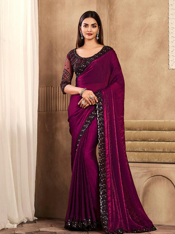 Mesmerizing Dark Rani Sequin silk Saree for Party Wear - VJV Now