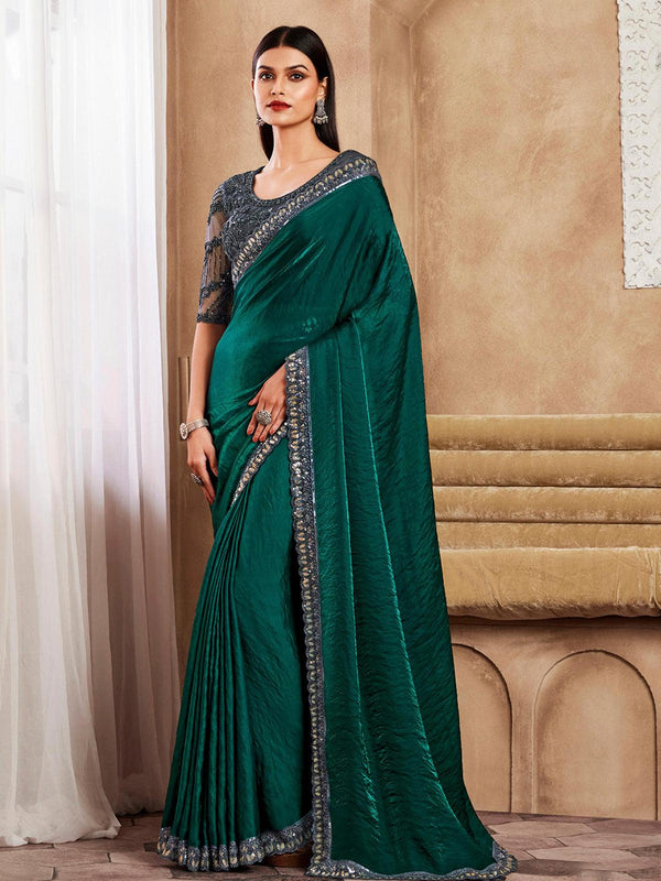 Mesmerizing Dark Teal Sequin Saree in Silk for party wear - VJV Now
