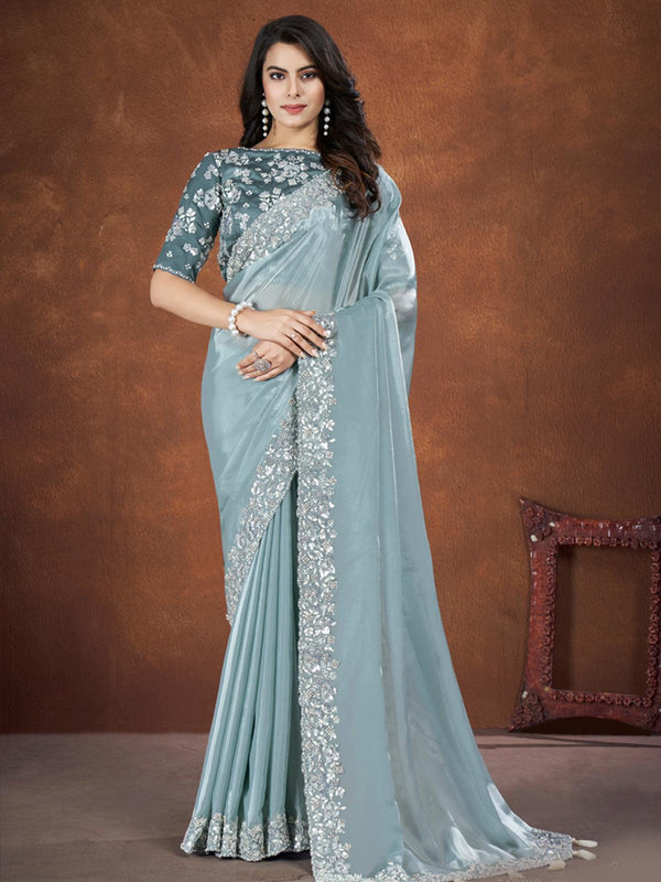 Mesmerizing Light Blue Crepe Satin Silk Saree with Sequins Embroidery party wear - VJV Now