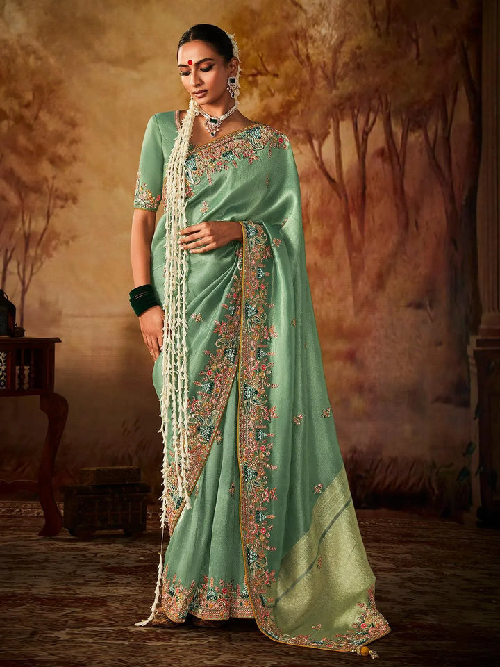 Mint Green Embroidered Work Silk Saree - VJV Now