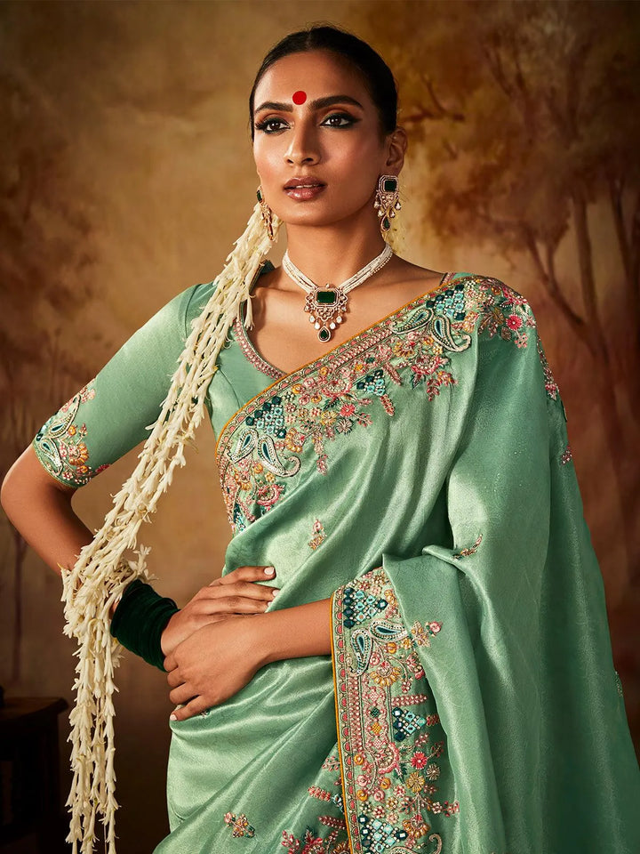 Mint Green Embroidered Work Silk Saree - VJV Now