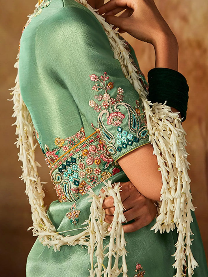 Mint Green Embroidered Work Silk Saree - VJV Now