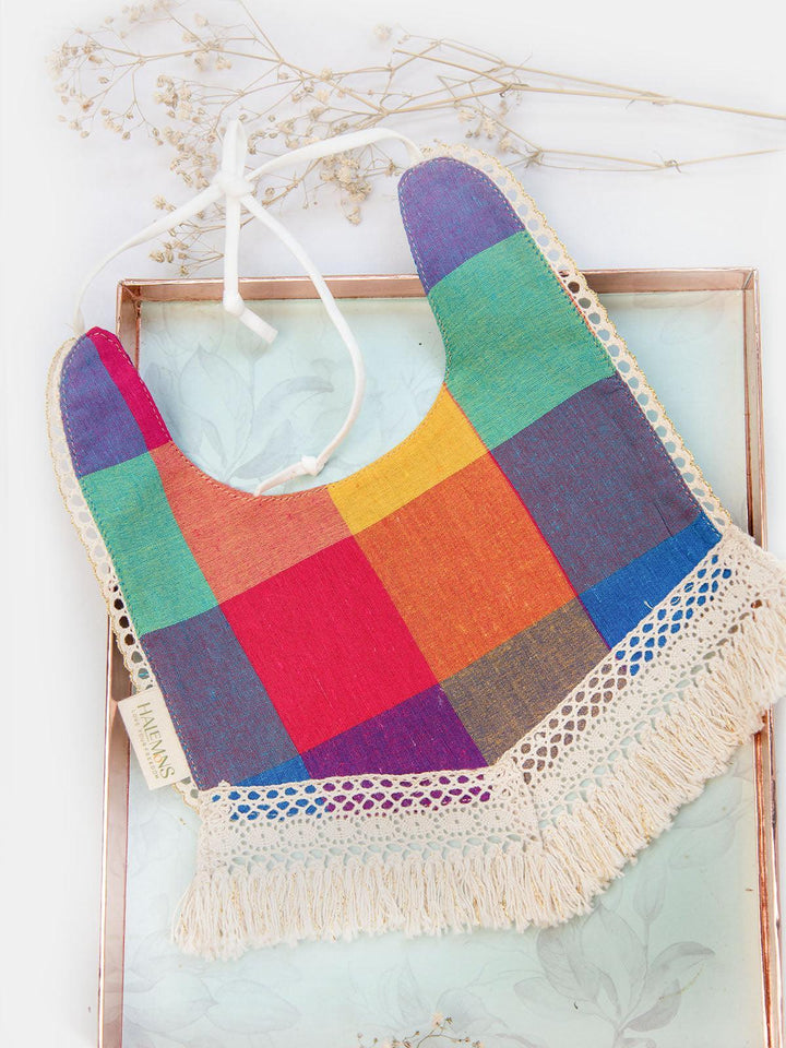Multi Checks Unisex Infant V-Shape Cotton Bib with Crochette Lace - VJV Now