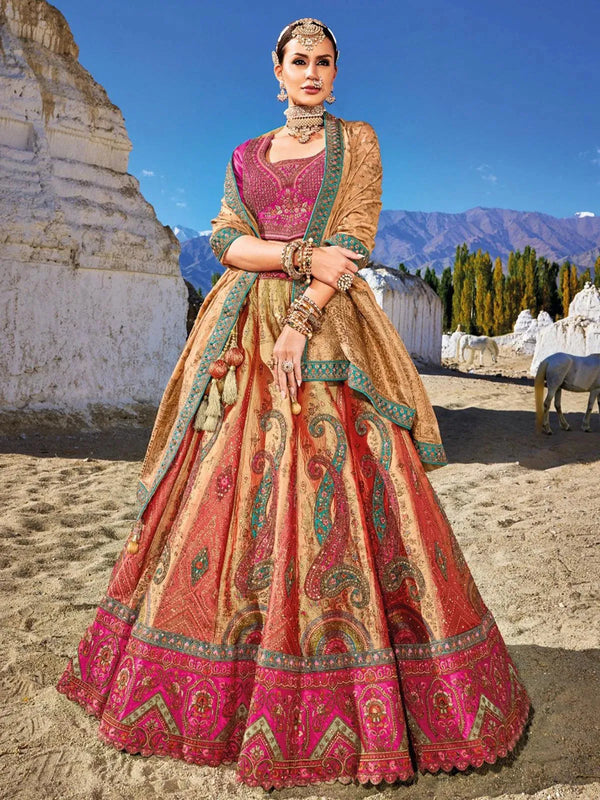 Multi Color Banarasi Art Silk Jacquard Umbrella Lehenga Coli Wedding Wear - VJV Now