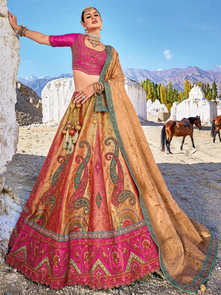 Multi Color Banarasi Art Silk Jacquard Umbrella Lehenga Coli Wedding Wear - VJV Now