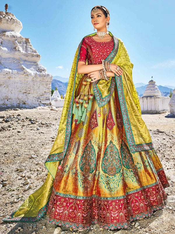 Multi Color Embroidered Banarasi Art Silk Jacquard Umbrella Lehenga Coli Wedding Wear - VJV Now