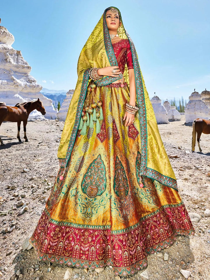 Multi Color Embroidered Banarasi Art Silk Jacquard Umbrella Lehenga Coli Wedding Wear - VJV Now