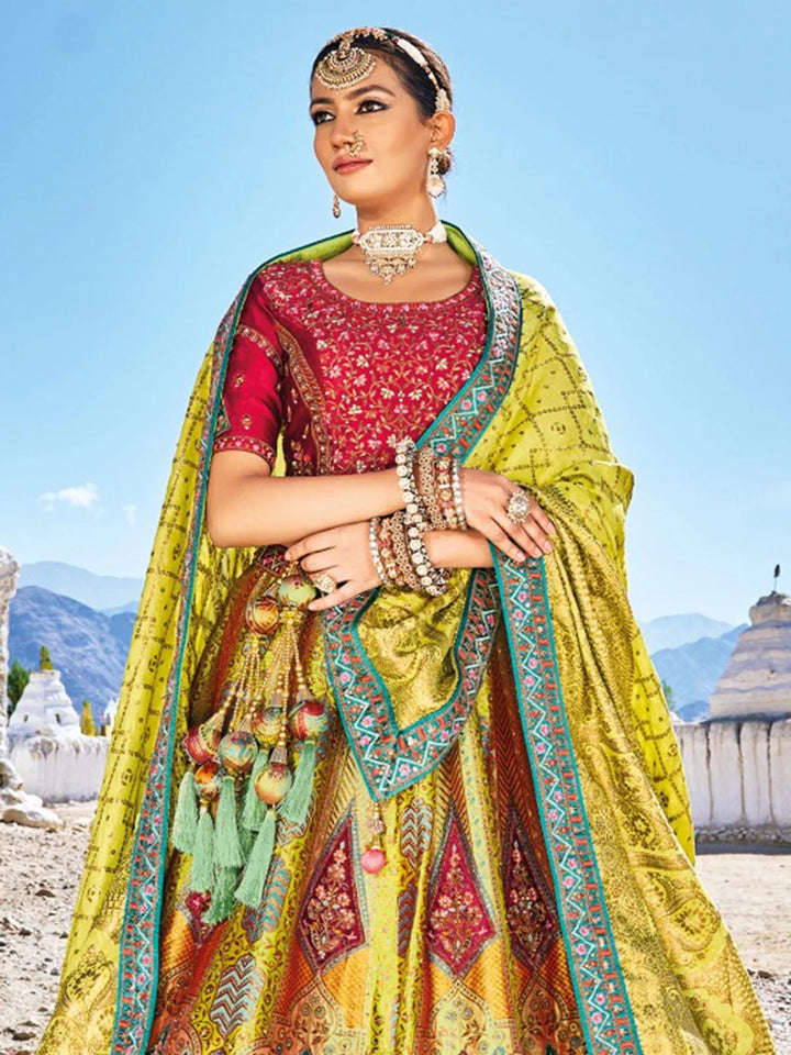 Multi Color Embroidered Banarasi Art Silk Jacquard Umbrella Lehenga Coli Wedding Wear - VJV Now