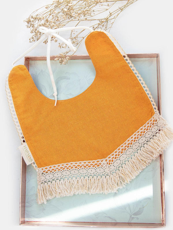 Mustard Baby Girl V-Shape Cotton Bib with Crochette Lace - VJV Now
