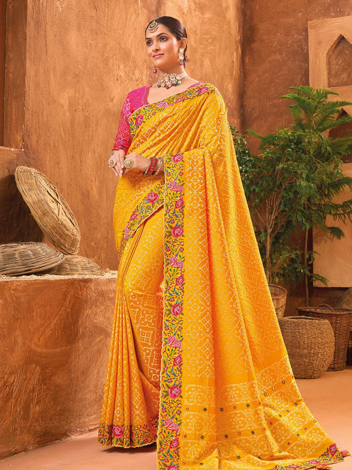 Mustard Banarasi Silk Saree With Pure Kachhi Work, Diamond & Mirror Heaw Work - VJV Now