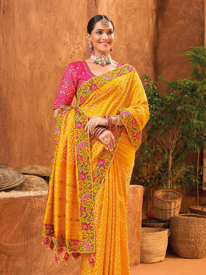 Mustard Banarasi Silk Saree With Pure Kachhi Work, Diamond & Mirror Heaw Work - VJV Now