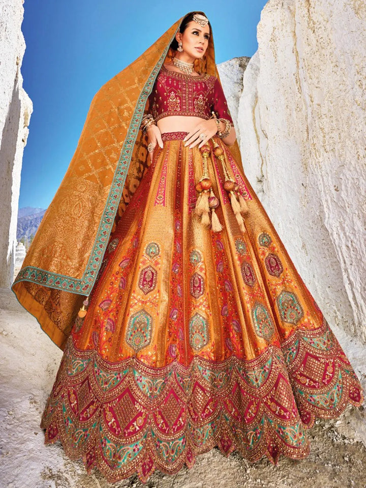 Mustard Color Banarasi Art Silk Jacquard Umbrella Lehenga Coli Wedding Wear - VJV Now