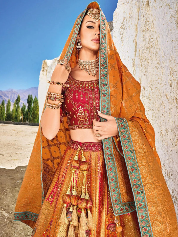 Mustard Color Banarasi Art Silk Jacquard Umbrella Lehenga Coli Wedding Wear - VJV Now