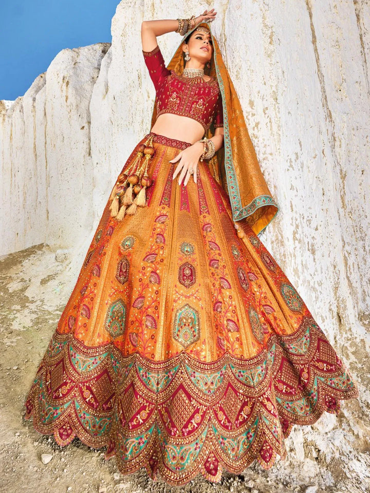 Mustard Color Banarasi Art Silk Jacquard Umbrella Lehenga Coli Wedding Wear - VJV Now