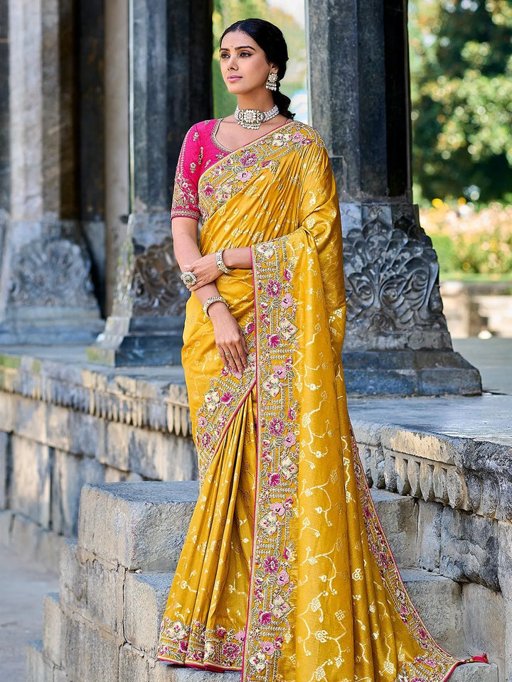 Mustard Color Embroidered Banarasi Silk Saree - VJV Now