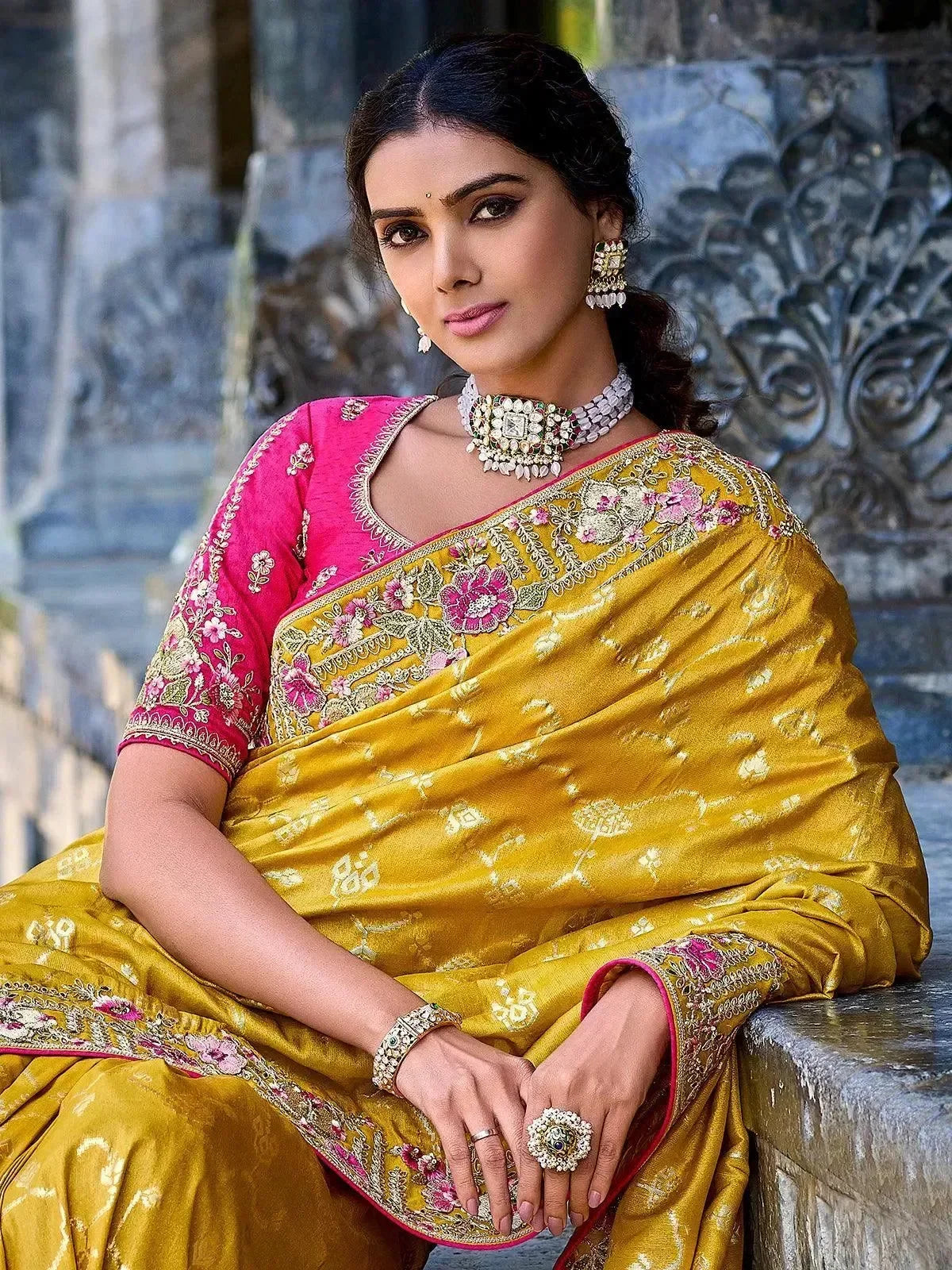 Mustard Embellished Banarasi Silk Blend Saree With Unstitched Blouse Piece