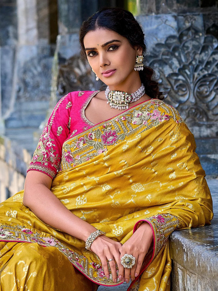 Mustard Color Embroidered Banarasi Silk Saree - VJV Now