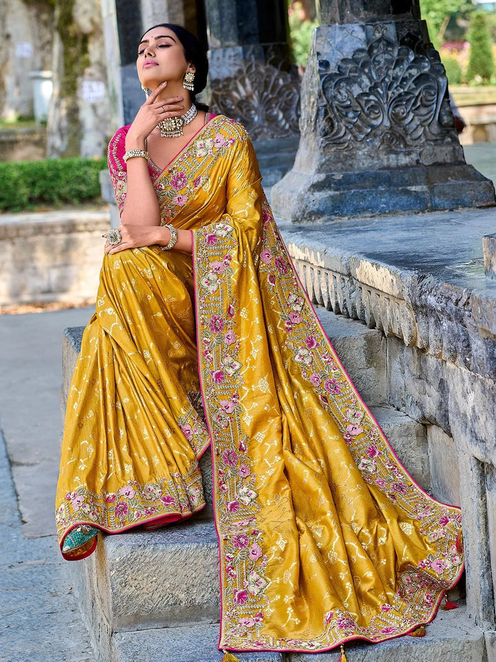 Mustard Color Embroidered Banarasi Silk Saree - VJV Now