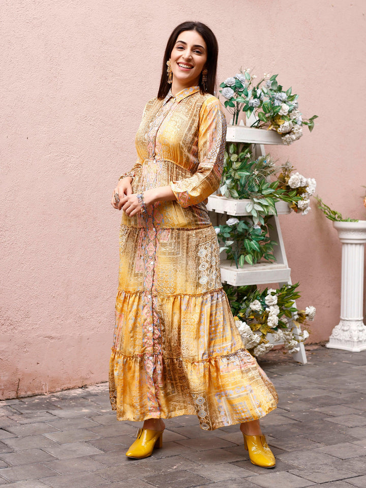 Mustard Color Printed Dress Festive Wear - VJV Now