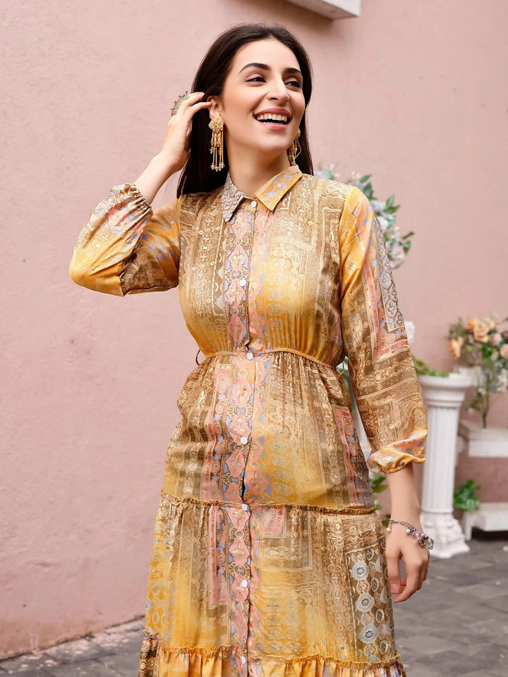 Mustard Color Printed Dress Festive Wear - VJV Now