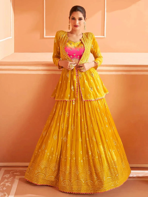 Mustard Georgette Embroidery Work Wedding Wear Lehenga Choli - VJV Now