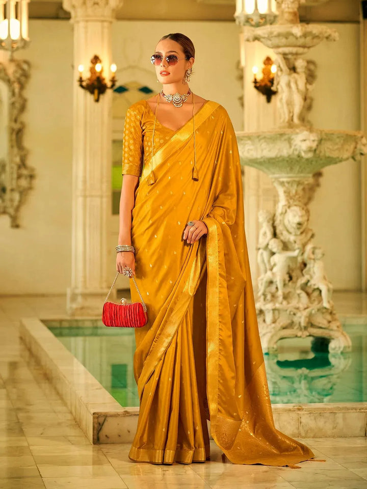 Mustard Satin Silk Woven Festive Saree with Matching Blouse - VJV Now