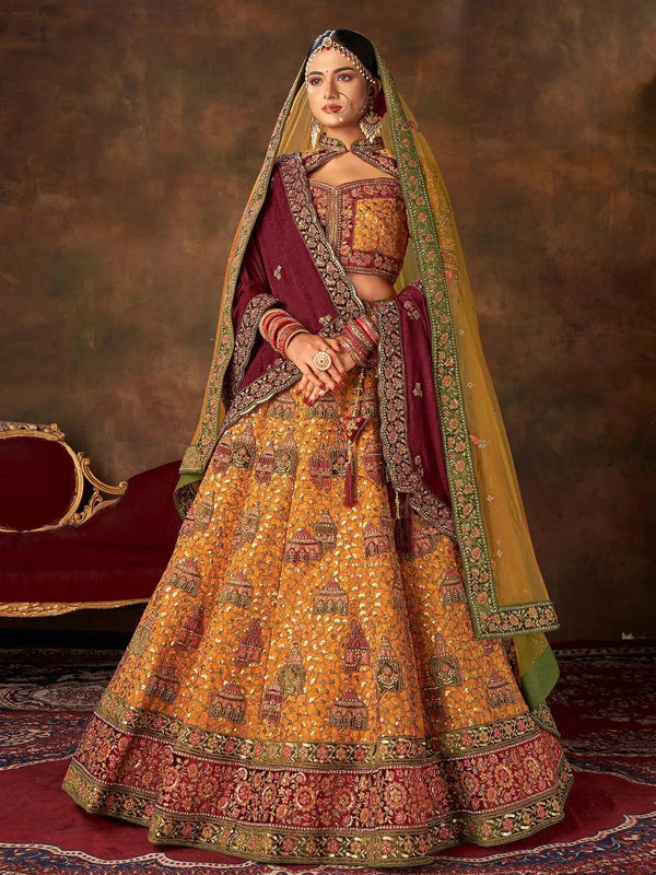 Mustard Silk Heavy Embroidered Umbrella Lehenga Choli With Double Dupatta Wedding Wear - VJV Now