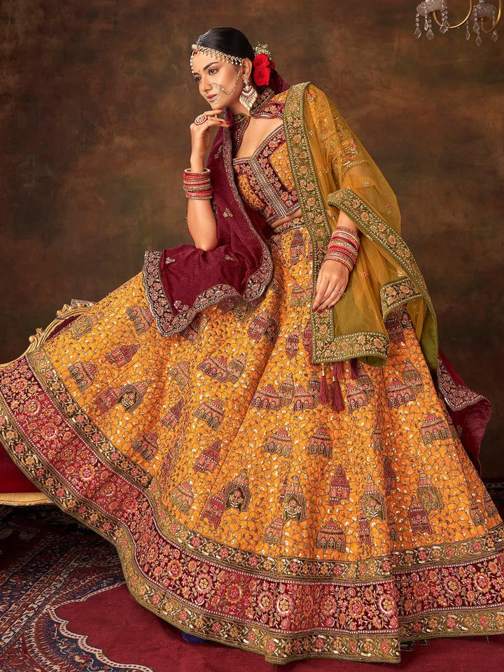 Mustard Silk Heavy Embroidered Umbrella Lehenga Choli With Double Dupatta Wedding Wear - VJV Now