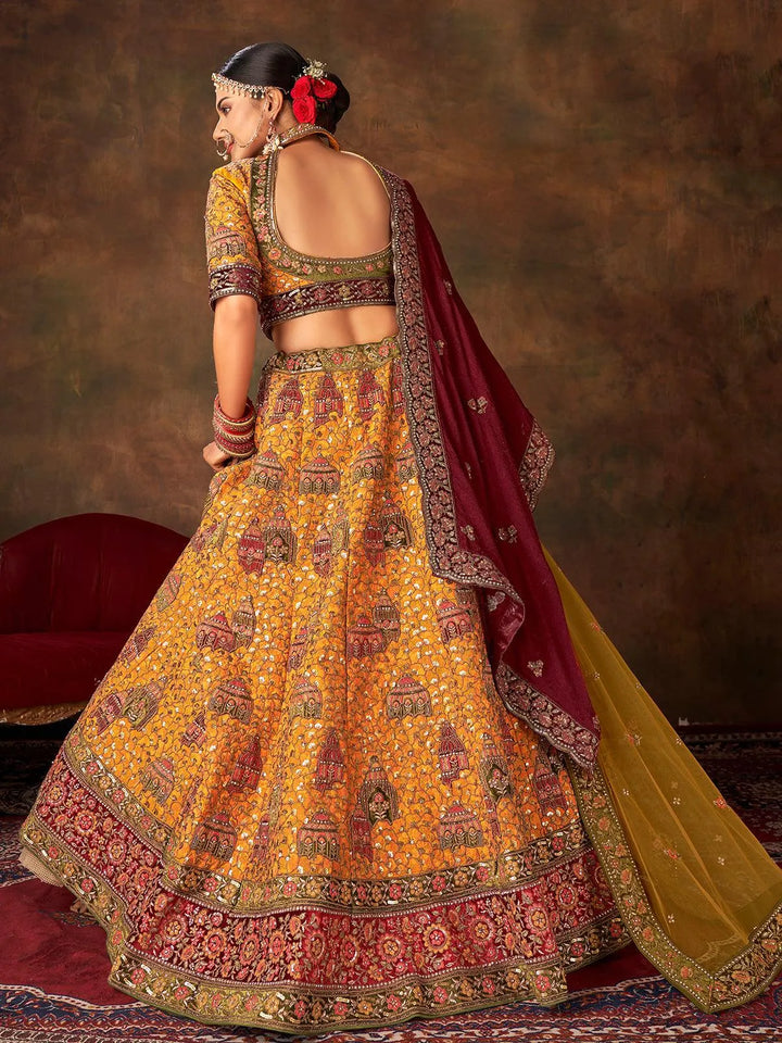 Mustard Silk Heavy Embroidered Umbrella Lehenga Choli With Double Dupatta Wedding Wear - VJV Now