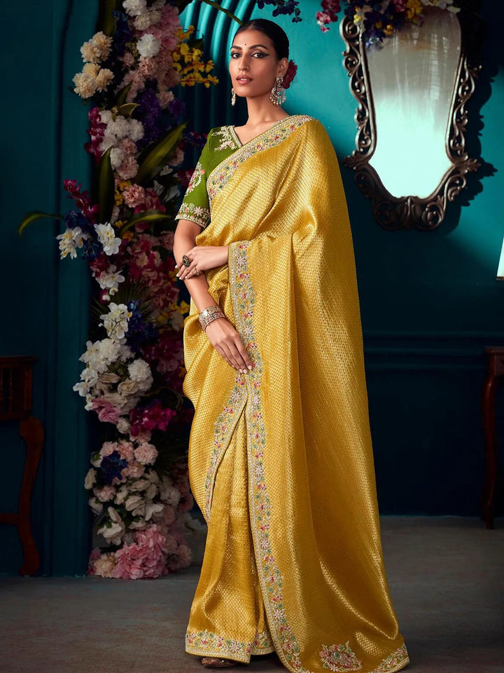 Mustard Woven Banarasi Soft Silk Designer Saree Party Wear - VJV Now