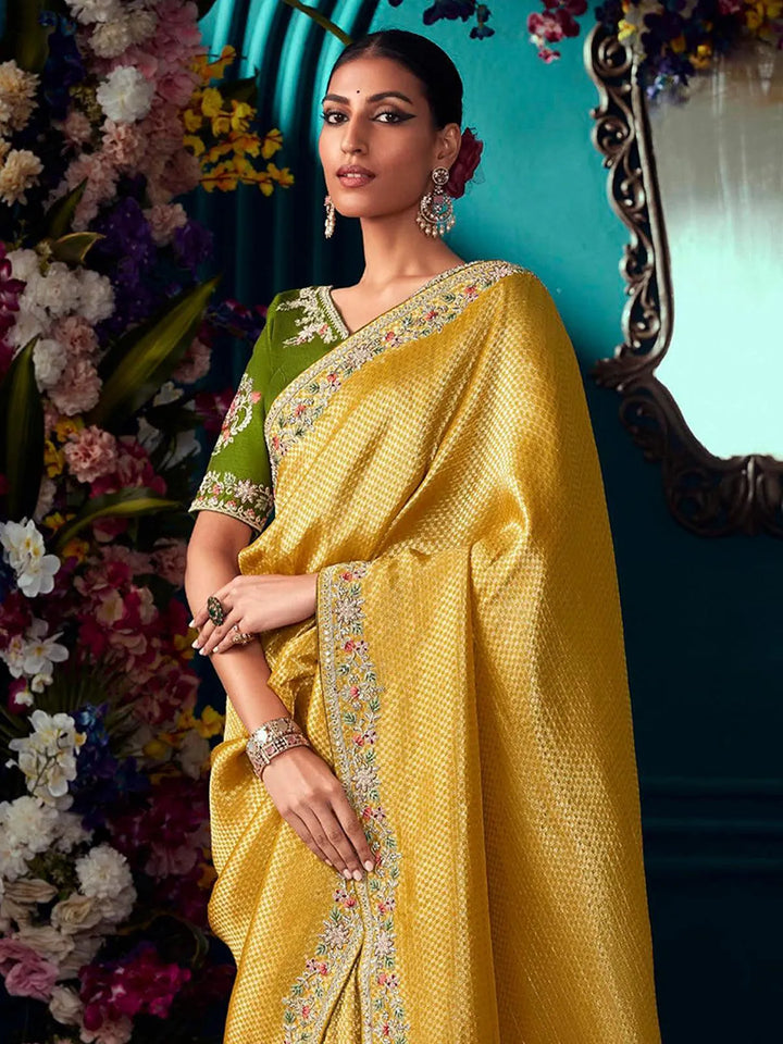 Mustard Woven Banarasi Soft Silk Designer Saree Party Wear - VJV Now