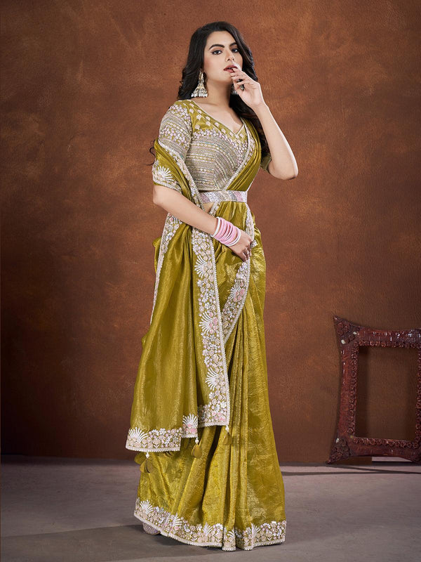Mustard Yellow Sequined Banarasi Crush Silk Saree with Embroidered Blouse - VJV Now