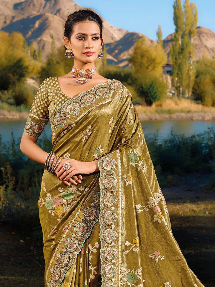 Mustard Zari Stone Work Banarasi silk Saree - VJV Now