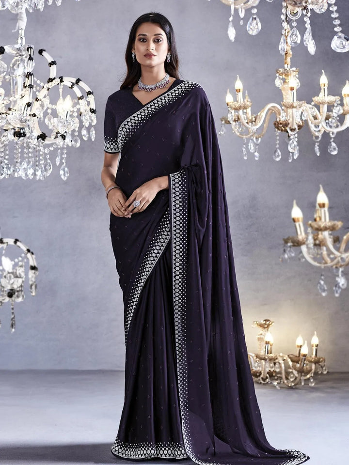 Navy Blue Art Silk Georgette Silver Embroidered Border Design Saree Party Wear - VJV Now