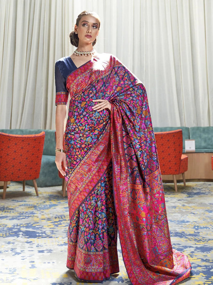 Navy Blue Banarasi Woven Jamawar Silk Saree - VJV Now