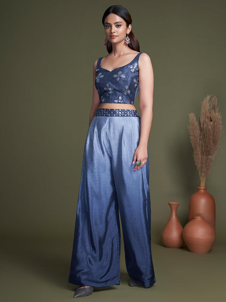 Navy Blue Chinon Embroidered Koti Style Palazzo Crop Top Set - VJV Now