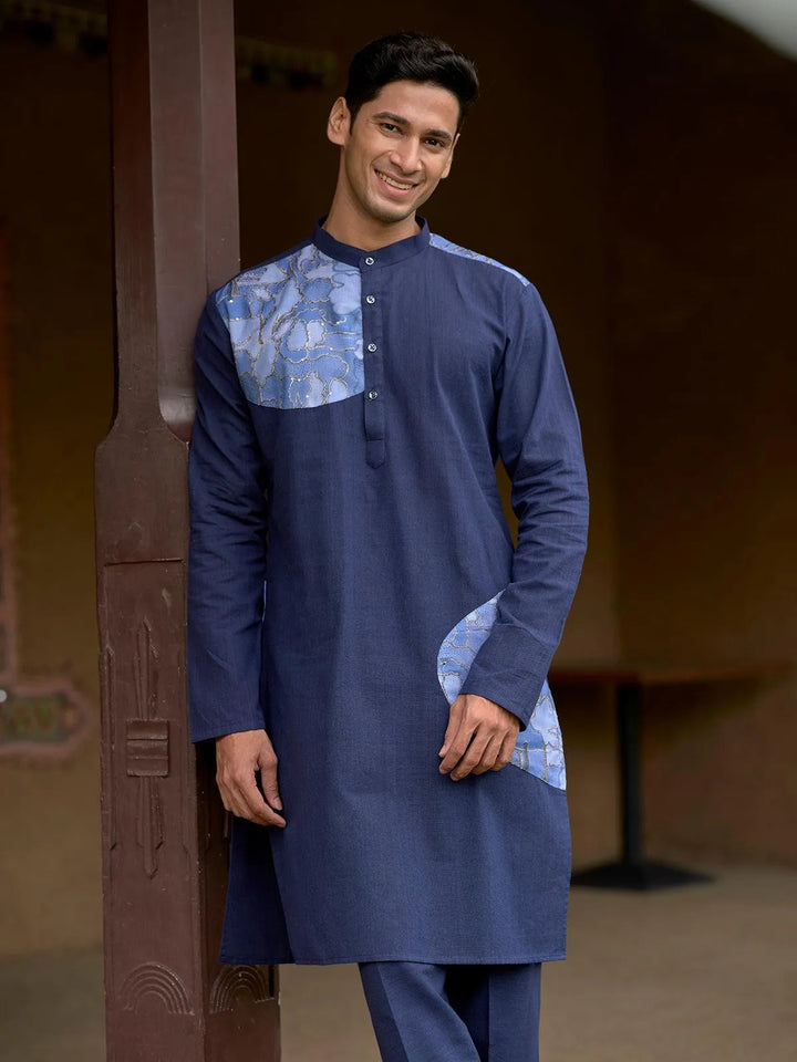 Navy Blue Color Cotton fabric Digital Printed Embroidery work kurta Set for men - VJV Now