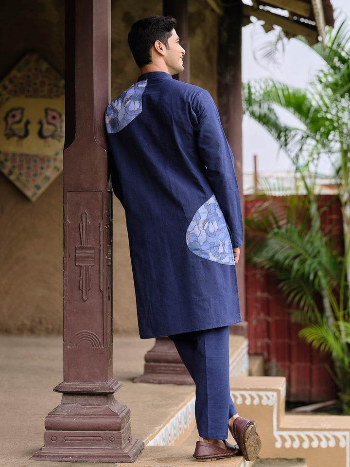 Navy Blue Color Cotton fabric Digital Printed Embroidery work kurta Set for men - VJV Now